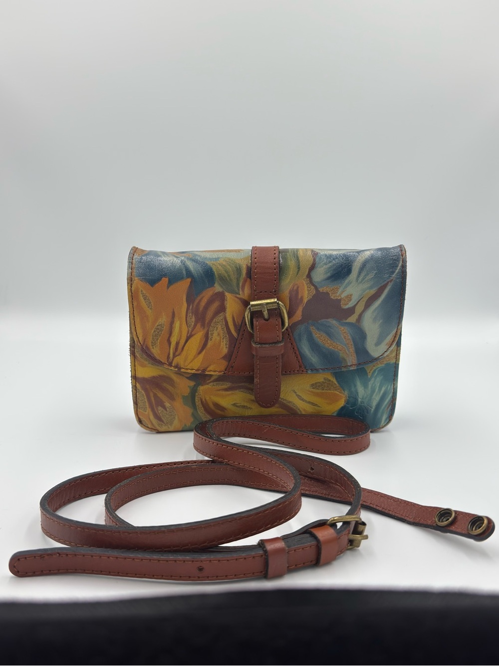 Patricia Nash Floral Leather Clutch/Crossbody Adjustable Leather Strap